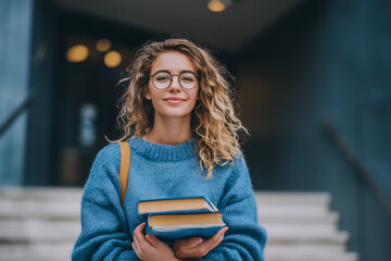 A smiling female student with books in her hands stands on the university campus