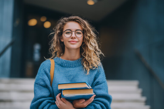 A smiling female student with books in her hands stands on the university campus