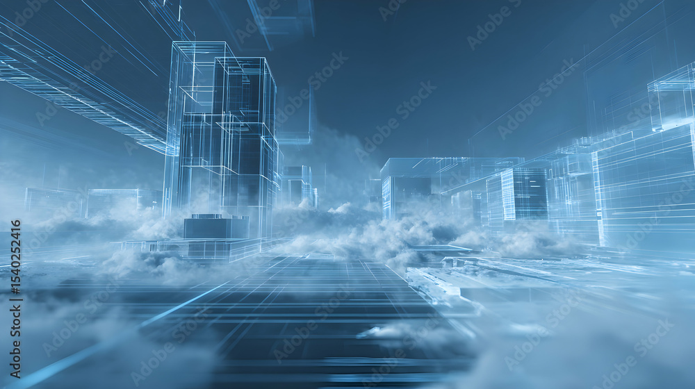 Poster conceptual blueprint city hovering above clouds presenting architectural innovation and future techn