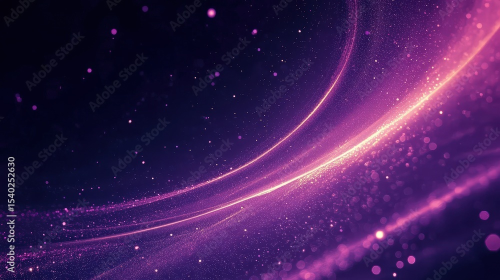 Poster abstract glowing purple and pink light trails with sparkling particles on a dark background create a
