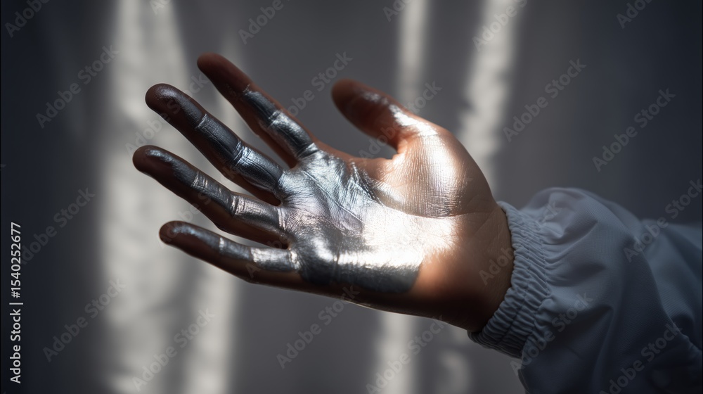 Poster a hand covered in a shiny liquid metal showcases the innovative properties of shapememory alloys. th