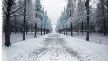 Obraz premium Winter wonderland path lined with frosted trees.