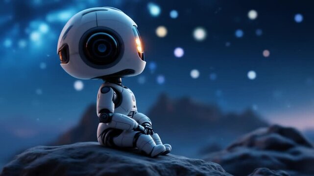 Contemplative cute Robot Under Starry Night