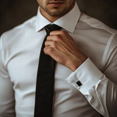 A man in a white shirt and black tie is adjusting his cuff. Concept of formality and attention to detail, as the man takes care to ensure his appearance is polished and professional