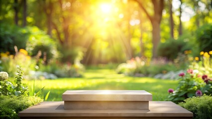 Fototapeta premium “Podium in garden setting with sunlight and blurred nature background”