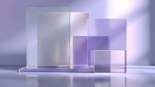 Elegant display of stacked clear glass blocks in calming pastel purple and violet shades backdrop