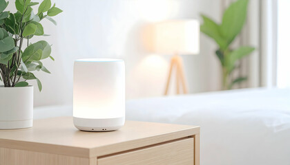 Obraz premium White Smart Speaker on Wooden Nightstand in Modern Bedroom