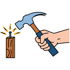 Hammer hitting nail tool vector isolated white background