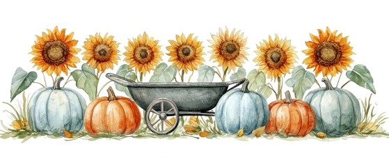 Autumnal harvest scene with pumpkins and sunflowers