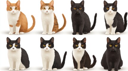 Eight Domestic Cats Sitting, White Background, Studio Shot