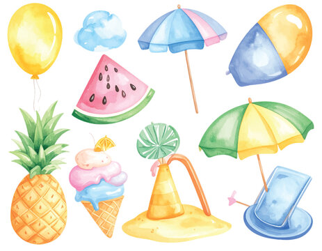 A cute vector cartoon illustration set of summer and Christmas holiday food icons with fruit, sweets, and beach decorations