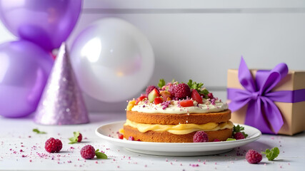 Delicious raspberry cake with white frosting, berries. Birthday celebration concept