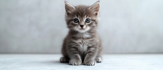 Adorable grey kitten sitting on light grey surface