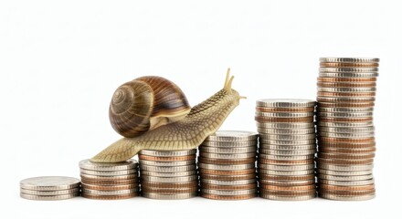 Snails Slow Climb Growth on a Stack of Coins with Progress, and White Background.