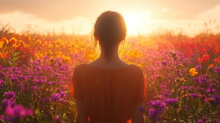 Silhouette of a woman in an orange dress standing in a vibrant flower field at sunset, bathed in golden light