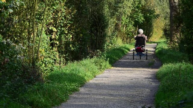 An elderly woman with grey hair rides a tricycle with a luggage rack on a dirt road among the trees. A walk in paradise.