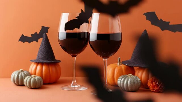 Two glasses of red wine for Halloween party. Pumpkins and bats decoration for spooky holiday celebration event. footage.
