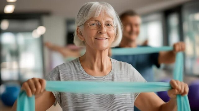 Smiling senior woman exercising with resistance band in a fitness class. Active elderly lifestyle, wellness, and group training in a bright indoor gym