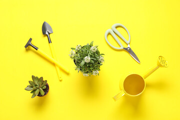 Composition with potted plants and gardening tools on yellow background