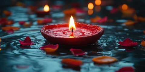 Floating Candle in Water Surrounded by Rose Petals creates a serene ambiance