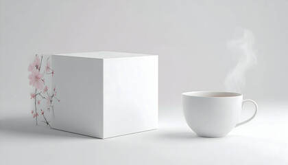 White Teacup and Box with Blossom Design on a Minimalist Background