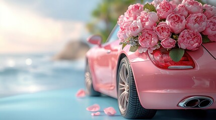 Pink convertible adorned with a large bouquet of pink peonies, parked by the ocean at sunset