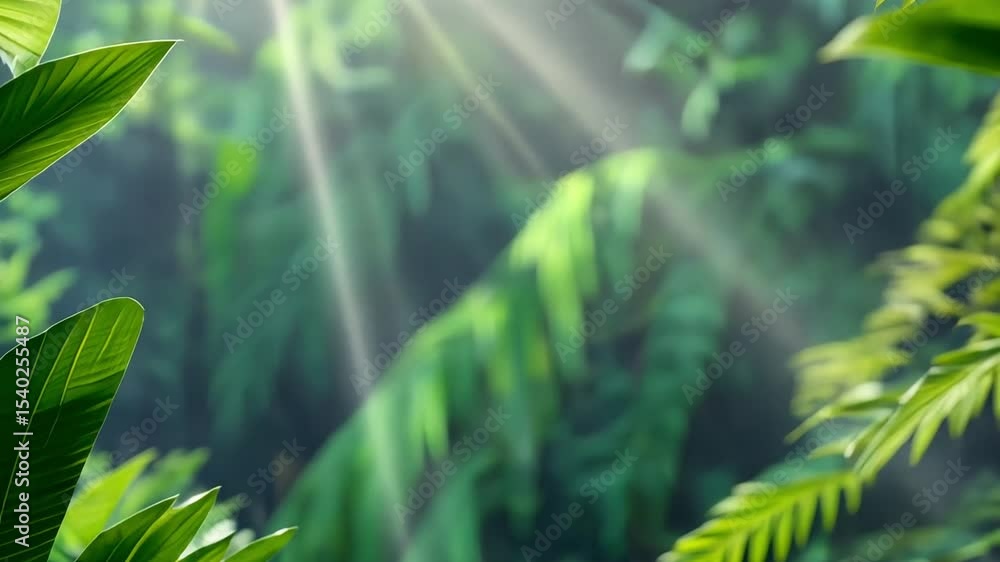 Poster sunbeams in lush foliage: sunlight streams through the dense canopy of a tropical rainforest, illumi