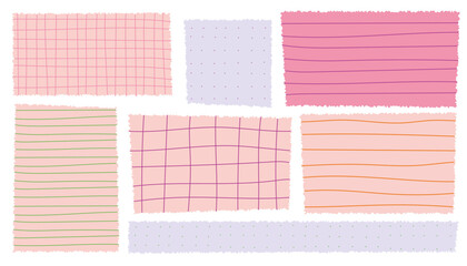 Crayon drawn notebook paper set with grid, lines, dots. Hand drawn colorful notes and funky stickers. Textured square paper for school, math, planner, or bullet journal design.