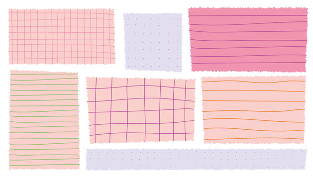 Crayon drawn notebook paper set with grid, lines, dots. Hand drawn colorful notes and funky stickers. Textured square paper for school, math, planner, or bullet journal design.