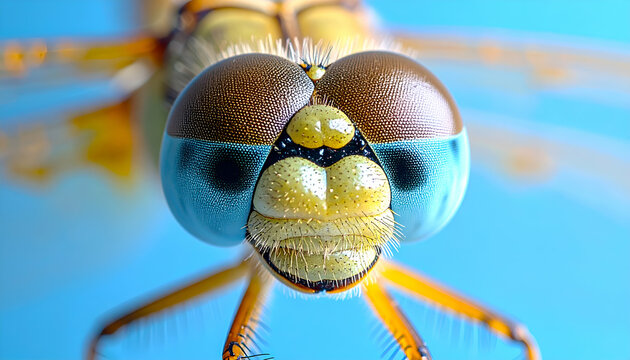 Closeup of Dragonfly Face with Bright Blue and Brown Eyes