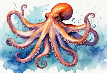 octopus in the sea watercolor hand-painted illustration. Marine wildlife background. 
