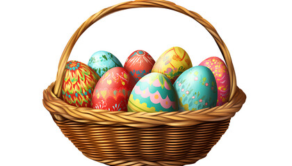 Easter eggs in a basket, isolated on a transparent background.