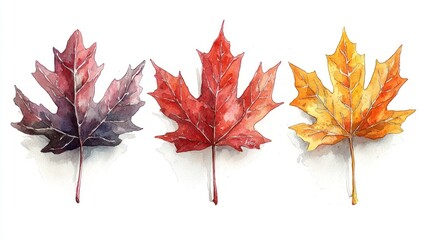 Watercolor Painting of Three Autumn Maple Leaves on White