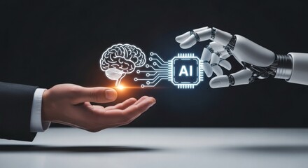 AI Brain Exchange Human Hand Offering Thought to Robot Arm.