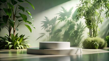 “Podium with nature shadow overlays and plant silhouettes in the background”