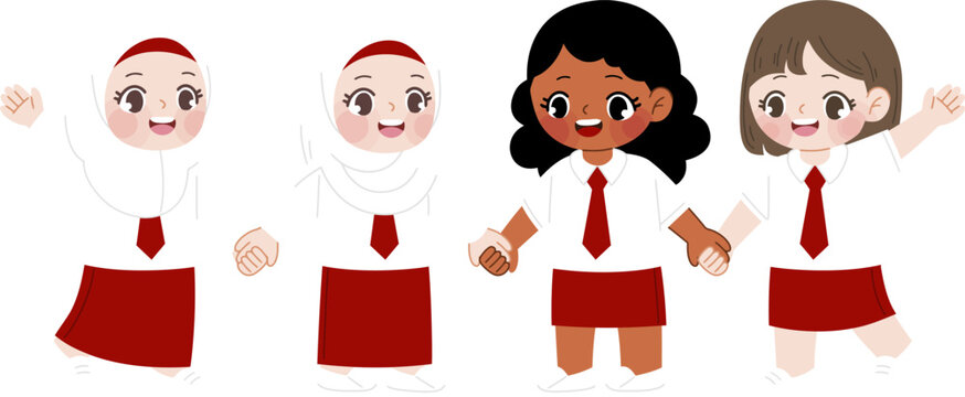 Joyful Children's Day: A group of cheerful elementary school girls, with diverse skin tones and attire, stand together in a celebratory pose. They embody youth, friendship.