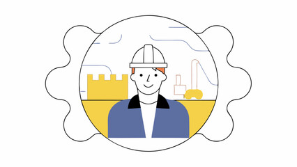 Smiling Construction Worker with Excavator and Building