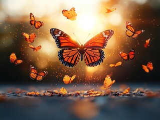 Monarch butterfly surrounded by others at sunset