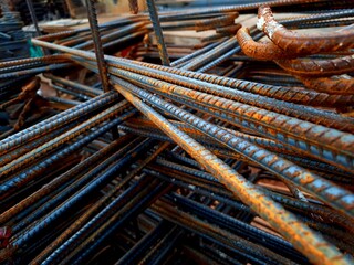 threaded iron pieces at construction site, rusty iron, iron material