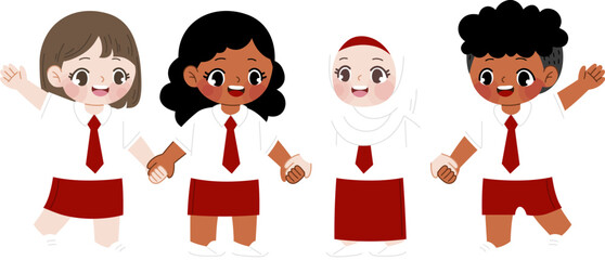 Playful Pals United: A vibrant illustration depicts a diverse group of school children standing side-by-side, exuding an aura of friendship and happiness.