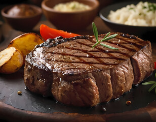 lamb chops with vegetables, grilled beef steak on background