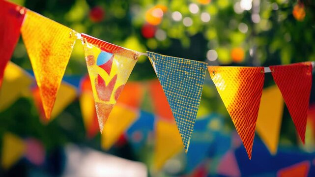 Colorful flags hanging from a tree branch, ideal for decoration or celebration scenes.