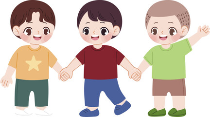 Fototapeta premium United Children: A cheerful gathering of three children, holding hands, epitomizes the spirit of friendship, unity, and youthful exuberance through a heartwarming illustration.
