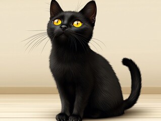 Black Kitten Sitting on Wooden Floor, Looking Up