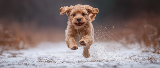 Happy puppy running in snowy field