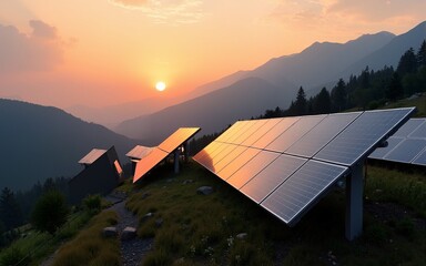Smart power grid integration with solar panels in mountainous landscape at sunset. High quality