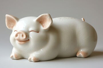 A charming ceramic piggy bank, lying down with a serene expression