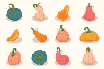 Colorful Squash and Pumpkin Set in Cute Cartoon Hand Drawn Style. Decorative harvest vegetables isolated on cream background, perfect for farm, autumn, Thanksgiving designs invitations, cards, posters