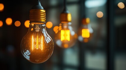 Glowing filament light bulbs hang in a dimly lit space