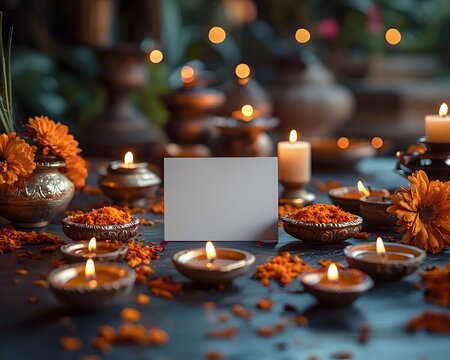 A Diwali dinner setup with candles festive tableware and a blank white gift card